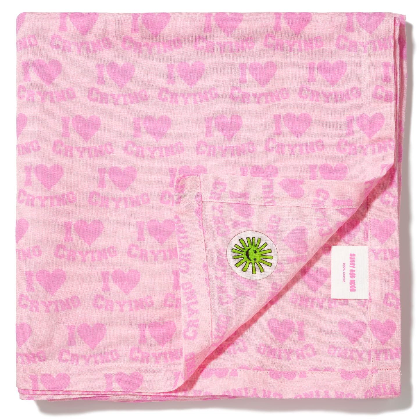 large i heart crying print baby muslin cloth folded with corner detail for baby gift set presentation by sunny and moon
